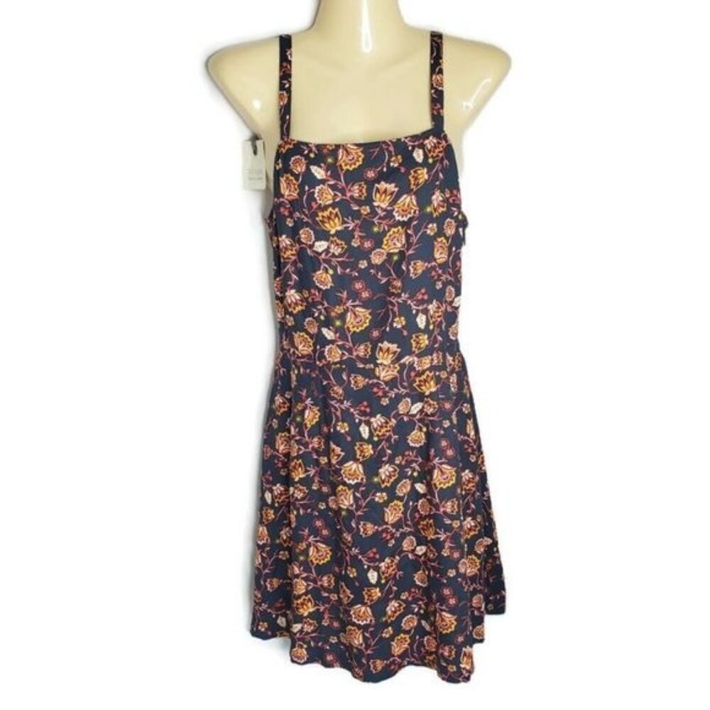 Hinge‎ Floral Print Square Neck Smocked Bodice Mini Dress Navy Yellow Red Size S